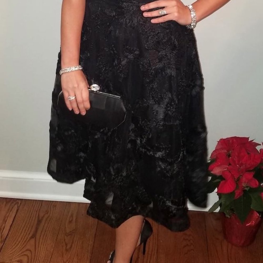 Tahari Black Lace, Off-the-Shoulder Tea-Length Dress - Picture 2 of 8